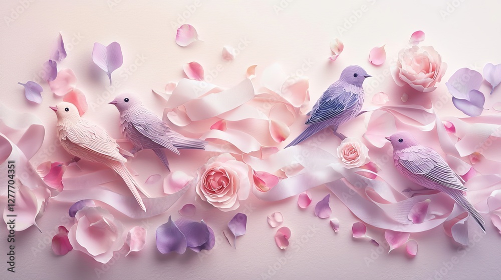 Obraz premium Assorted lovebirds resting on delicate ribbon bows and scattered rose petals, soft pink and purple hues, cut-out style