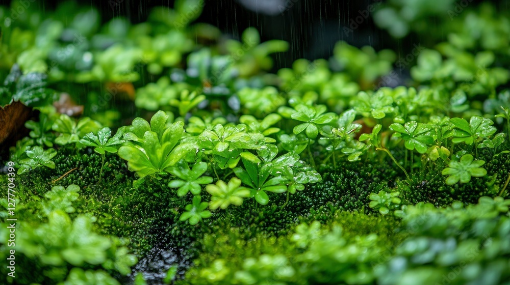 Lush Green Moss and Plants Under Rain Lush Green Moss and Plants Under Rain