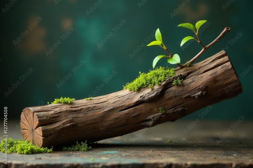 A weathered log, adorned with vibrant moss and delicate new growth, rests gently on a rustic wooden surface, a poignant image of nature's resilience and the cyclical renewal of life. A weathered log, adorned with vibrant moss and delicate new growth, rests gently on a rustic wooden surface, a poignant image of nature's resilience and the cyclical renewal of life.