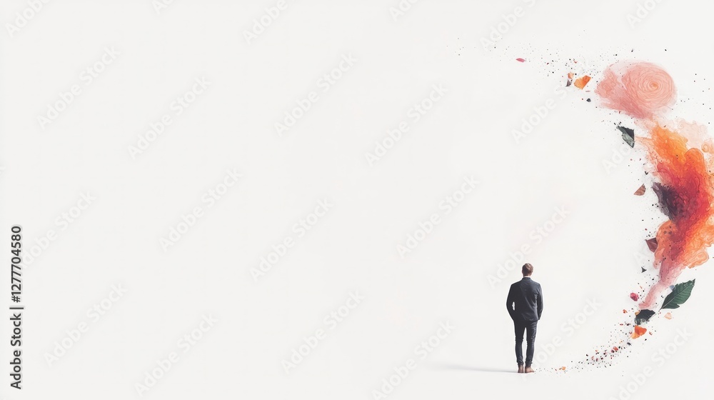 Businessman Facing Abstract Colorful Debris  Design Element