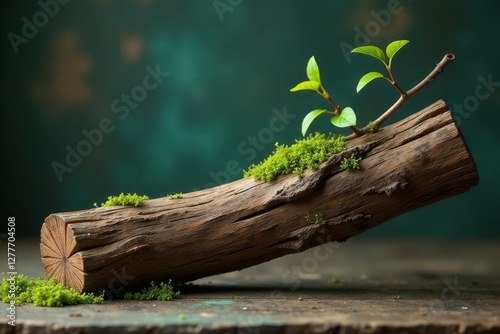Wallpaper Mural A weathered log, adorned with vibrant moss and delicate new growth, rests gently on a rustic wooden surface, a poignant image of nature's resilience and the cyclical renewal of life. Torontodigital.ca