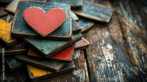 Rustic Wooden Heart on Stacked Vintage Tiles