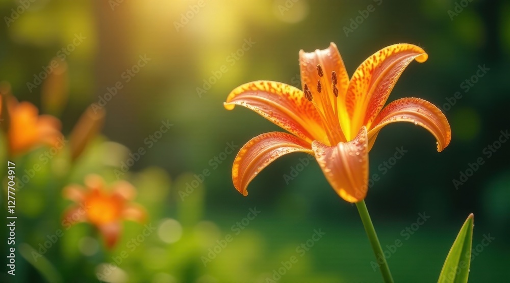 A Vibrant Orange Lily Blossom Basking in Warm Sunlight, Dewdrops Adorning Its Petals, Soft Focus Background A Vibrant Orange Lily Blossom Basking in Warm Sunlight, Dewdrops Adorning Its Petals, Soft Focus Background