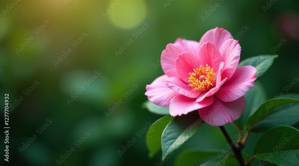A Delicate Pink Blossom in Soft Sunlight, Showcasing its Intricate Petals and Vibrant Stamens Against a Lush Green Foliage Backdrop A Delicate Pink Blossom in Soft Sunlight, Showcasing its Intricate Petals and Vibrant Stamens Against a Lush Green Foliage Backdrop