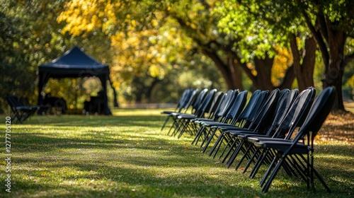 Rows of Empty Chairs Under Autumn Trees at an Outdoor Memorial Service