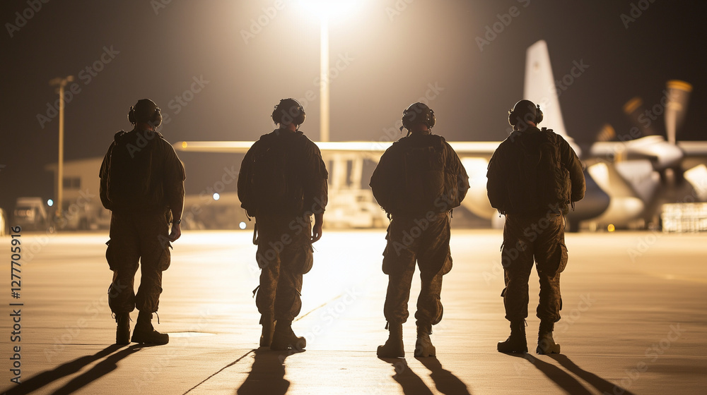 Obraz premium Defenders of the Night: Silhouette of a team of resolute soldiers, standing at attention against a darkened airfield. Illuminated by strategic lights and airplane in background.