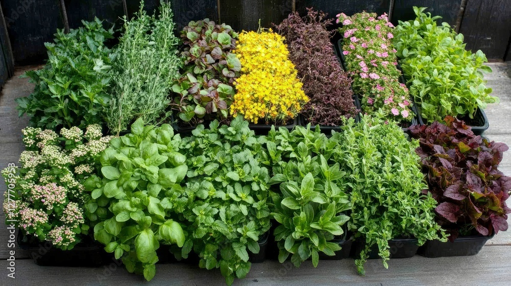 Assortment of Fresh Herbs and Flowers in Planters Assortment of Fresh Herbs and Flowers in Planters