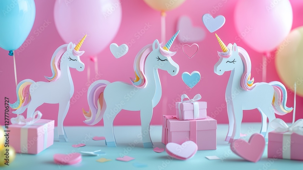 Obraz premium Assorted unicorns with heart balloons, gift boxes, and glowing neon decorations, styled for Valentine's Day cut-out designs