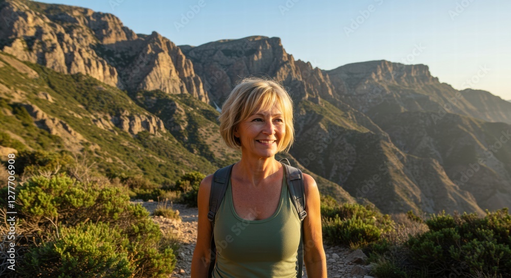 Naklejka premium A woman climbing a mountain while enjoying the beautiful view