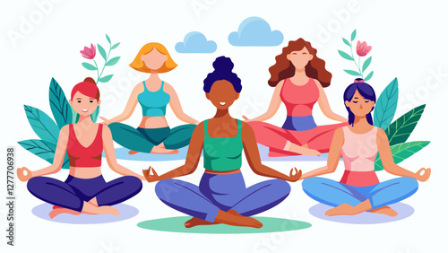 Set of six tranquil women doing yoga in different posture. Colored flat illustration isolated on white background vector