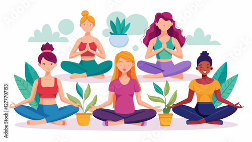 Set of six tranquil women doing yoga in different posture. Colored flat illustration isolated on white background vector