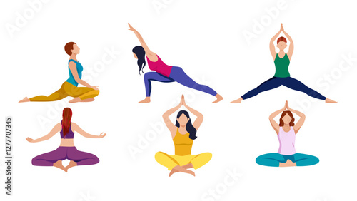 Set of six tranquil women doing yoga in different posture. Colored flat illustration isolated on white background vector