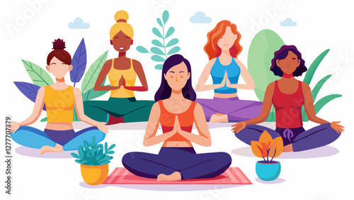 Set of six tranquil women doing yoga in different posture. Colored flat illustration isolated on white background vector
