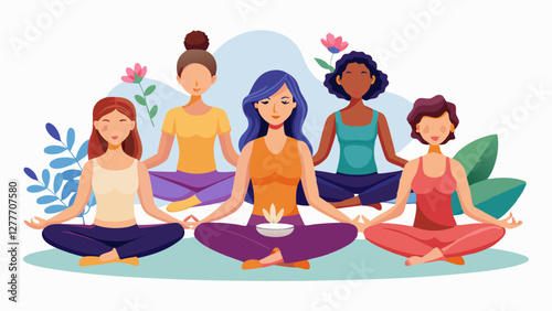 Set of six tranquil women doing yoga in different posture. Colored flat illustration isolated on white background vector