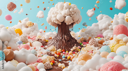 Sweetscape Fantasy: A surreal landscape of confectionary delights, where whimsical candies and fluffy clouds of sweets create a vibrant and imaginative world. photo