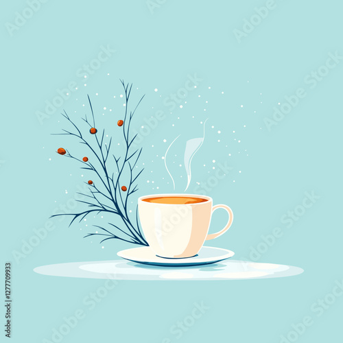 Winter coffee cup with steam and snowy background