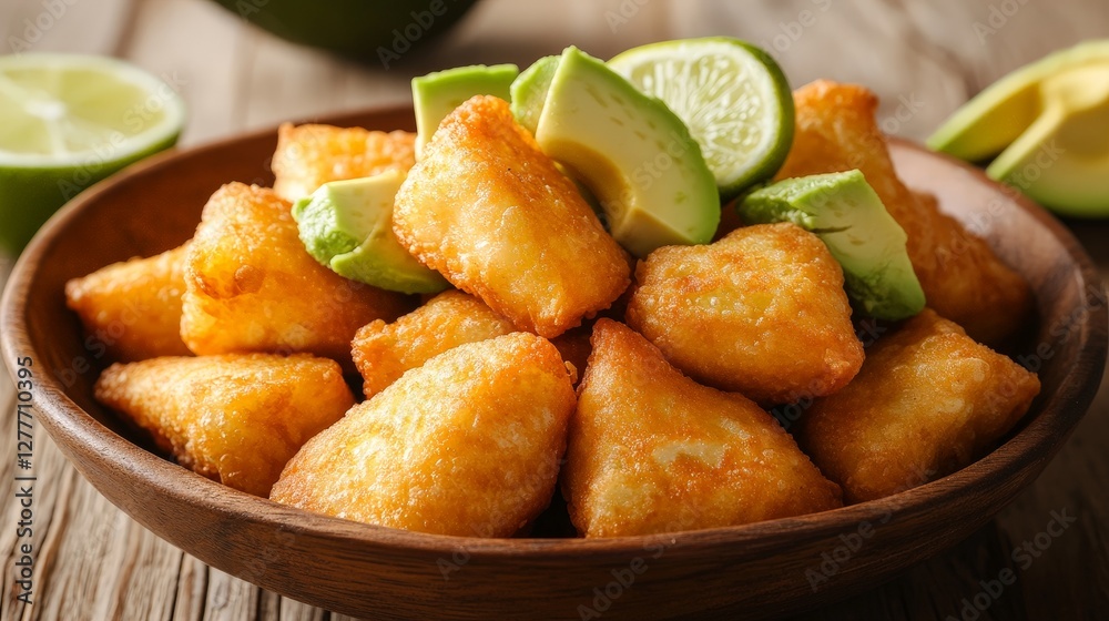 A wooden bowl filled with golden fried snacks and garnished with avocado and lime. A wooden bowl filled with golden fried snacks and garnished with avocado and lime.