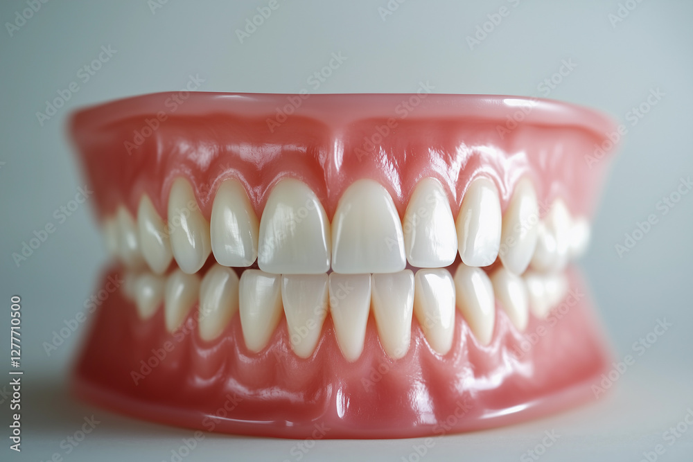 Obraz premium Close-up view of dental model showcasing healthy teeth and gums for educational purposes in a dental clinic setting