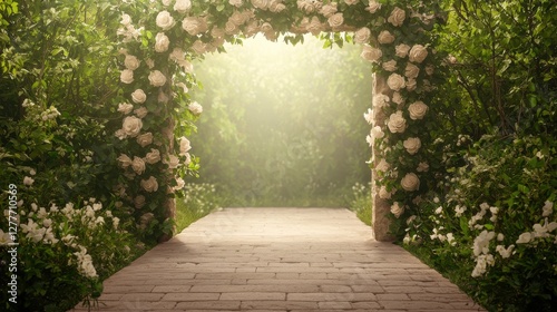 Obraz na płótnie Stone garden archway covered in lush white roses and green foliage, leading to a sunlit pathway in a peaceful outdoor setting w salonie