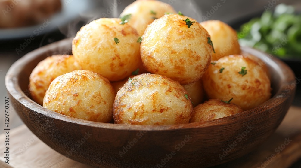 A wooden bowl filled with golden, crispy cheese balls garnished with herbs. A wooden bowl filled with golden, crispy cheese balls garnished with herbs.
