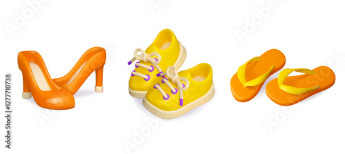 Footwear vector 3d icon set. High heels, sneakers and flip-flops isolated on white background. Cute cartoon design elements collection