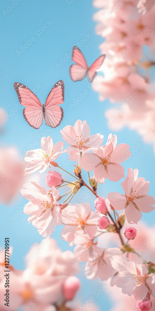 Fototapeta premium Delicate pink butterflies fluttering around blooming cherry blossom branches in bright blue sky