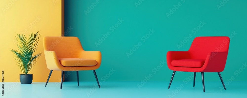 Fototapeta premium Colorful lounge chairs in modern interior design with vibrant teal and yellow walls and a potted plant accent