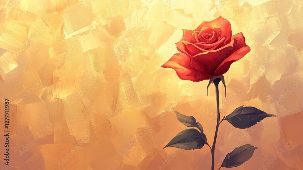 Obraz premium Artistic rendering of a solitary red rose with leaves