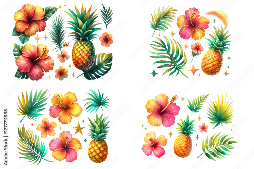 Fototapeta premium Tropical summer elements include a hibiscus flower, a palm leaf, and a pineapple, with subtle sparkles and soft gradients. Watercolor clipart illustration isolated on a white background