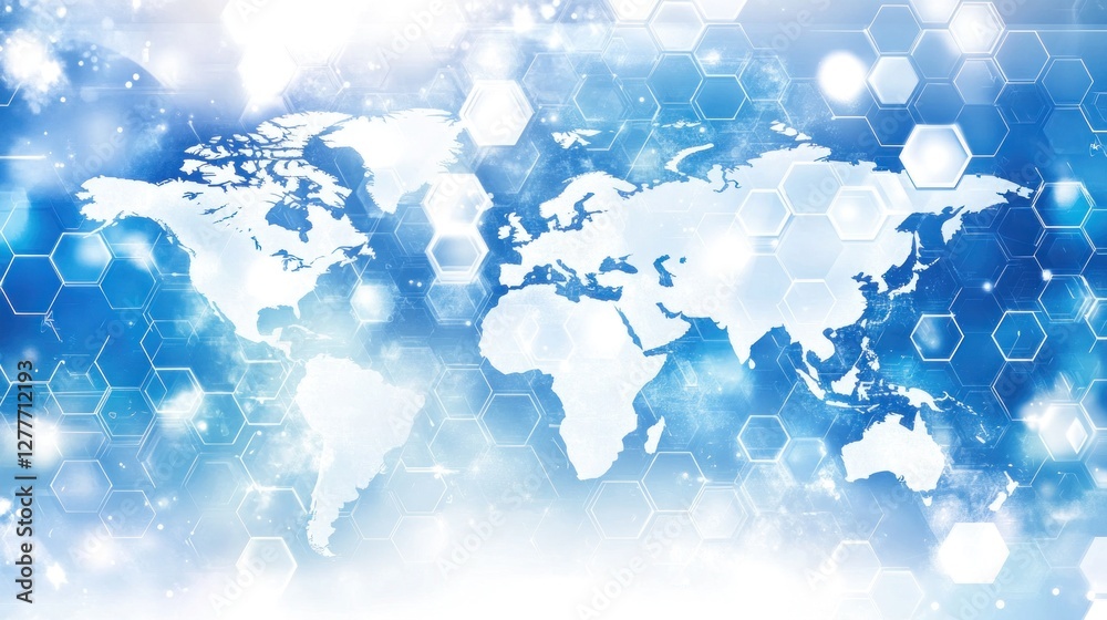 Global Network: A World Map on a Hexagon Pattern Background Global Network: A World Map on a Hexagon Pattern Background