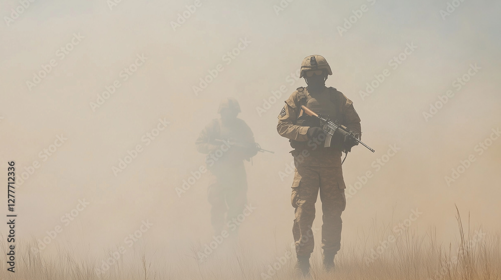 Guardians in the Haze: Two soldiers, vigilant and steadfast, advance through a dusty, sun-drenched field, their silhouettes evoking a sense of duty and resolve. Guardians in the Haze: Two soldiers, vigilant and steadfast, advance through a dusty, sun-drenched field, their silhouettes evoking a sense of duty and resolve.