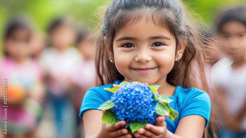 Fototapeta premium Happy Little Girl Holding Blue Hydrangea Flowers