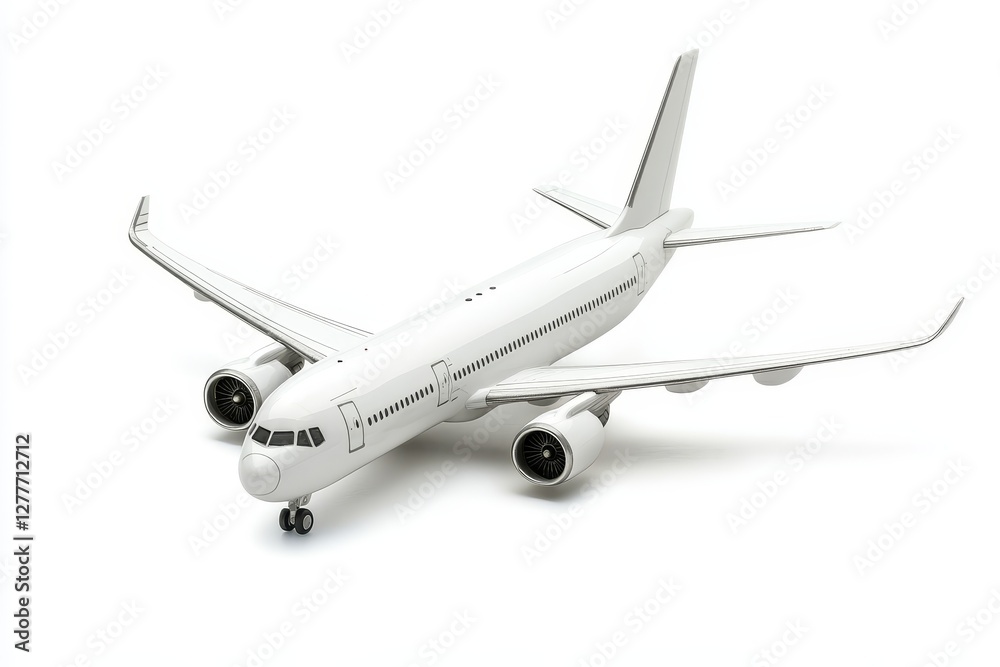 White Airplane Model on White Background - A pristine white model airplane, meticulously detailed, sits on a stark white background. Ideal for travel, aviation, or transportation themes White Airplane Model on White Background - A pristine white model airplane, meticulously detailed, sits on a stark white background. Ideal for travel, aviation, or transportation themes