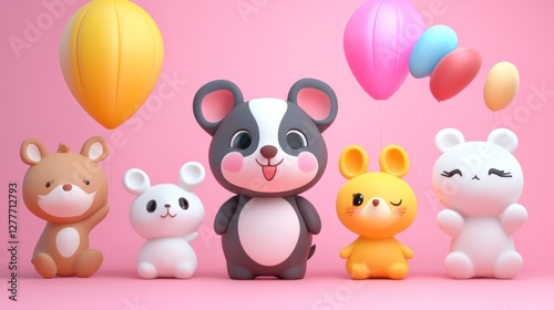 Cute cartoon animals with colorful balloons on a pink background.