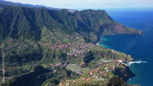 Aerial View of Coastal Mountain Village on a Sunny Day Madeira Portugal 