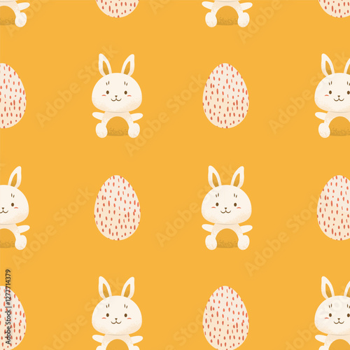 Seamless pattern with bunnies and painted eggs on yellow background. Children's charming pattern for Easter. Celebration of Christian holiday. Warm cozy drawing. Vector illustration.