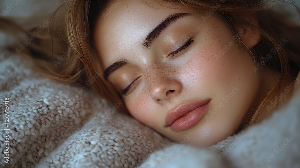 Woman sleeping peacefully on a cozy bed, good rest, wellness and relaxation Woman sleeping peacefully on a cozy bed, good rest, wellness and relaxation