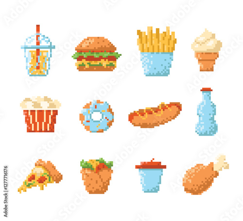 Set of 8 pixel fast food icons. Pixel food symbols collection. Edible reward in digital game in the form of fast food. Fast food signs in retro 8 bit style from the 90s