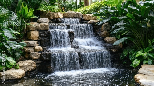 Serene Waterfall in Lush Tropical Garden