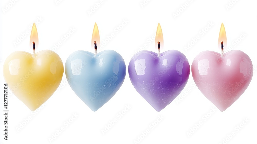 Heart-shaped candle set with intricate wax details, soft pastel gradients, minimalistic cut-out design on white background Heart-shaped candle set with intricate wax details, soft pastel gradients, minimalistic cut-out design on white background