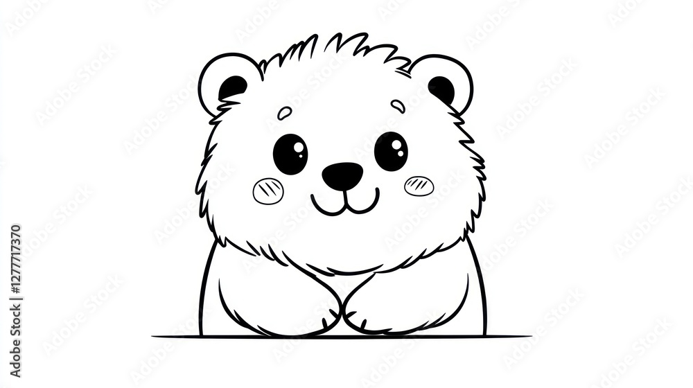 Fototapeta premium Cute cartoon bear, simple line art, adorable, whimsical, fluffy, character design, childish, happy, kawaii, illustration, black and white, outline drawing, sitting, looking, animals.