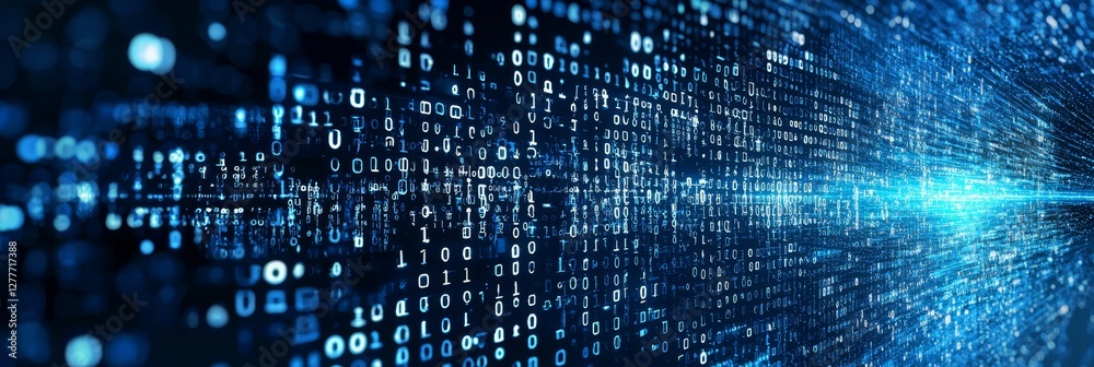 Dynamic binary code streams visualized in blue digital technology. Dynamic binary code streams visualized in blue digital technology.
