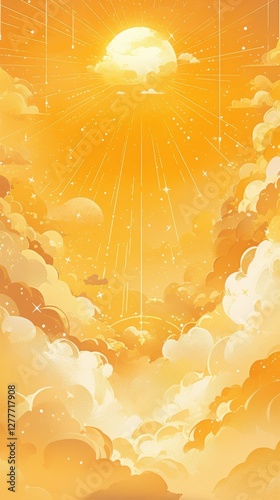 Bright Orange Sky with Sun and Fluffy Clouds in Artistic Design