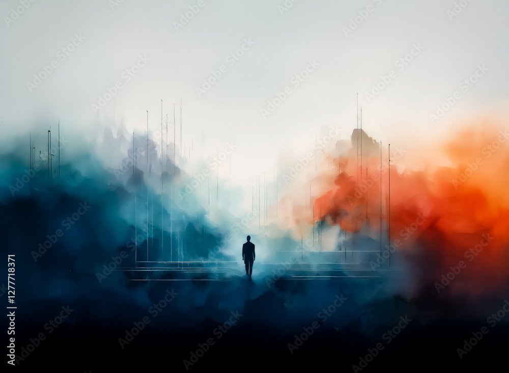A lone figure stands silhouetted against a hazy cityscape with a gradient of dark blue to bright sky, accented by a splash of vibrant orange. A lone figure stands silhouetted against a hazy cityscape with a gradient of dark blue to bright sky, accented by a splash of vibrant orange.