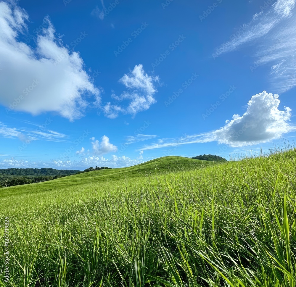 Lush green hill, tropical landscape, sunny sky, travel brochure Lush green hill, tropical landscape, sunny sky, travel brochure