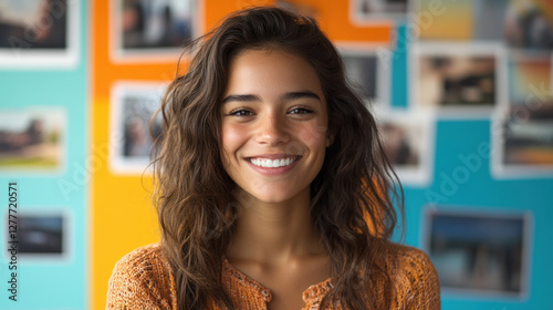 cheerful woman with bright smile stands in front of colorful wall filled with photographs, exuding happiness and warmth