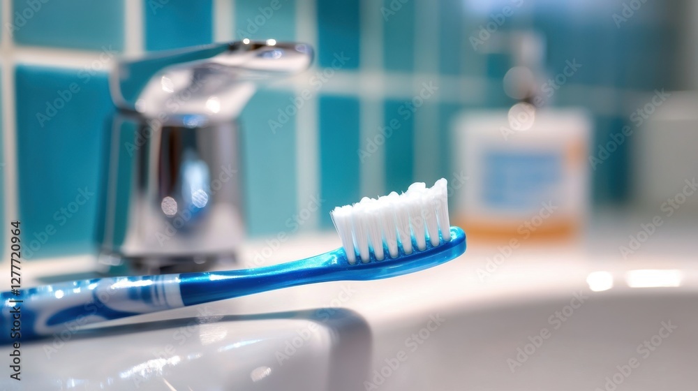 Close-Up of Blue Toothbrush on Sink Edge with Faucet in Background Close-Up of Blue Toothbrush on Sink Edge with Faucet in Background