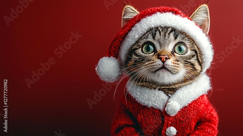 Festive tabby cat in Santa suit for Christmas cards, banners & social media. Cozy holiday image with copy space for greetings, pet ads, and winter designs.