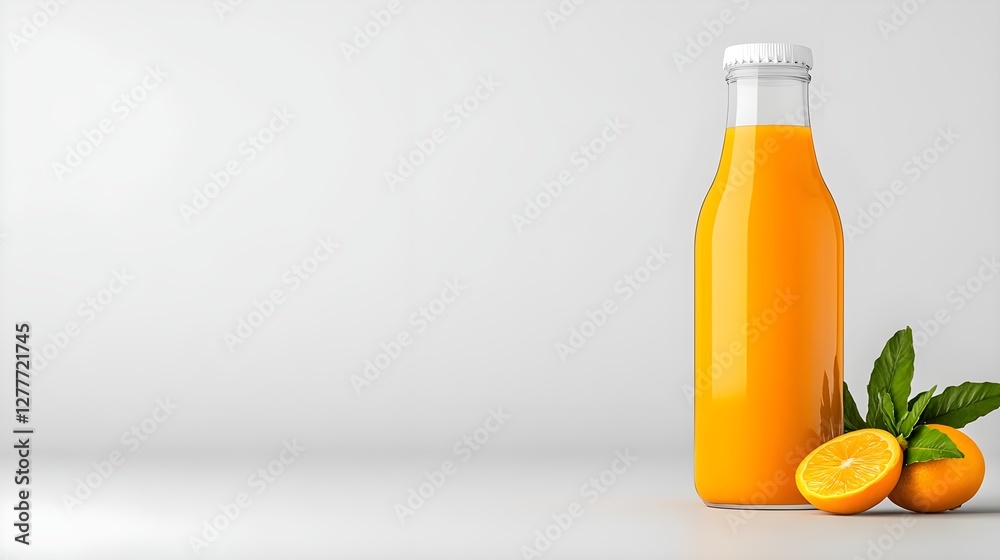 Fresh Orange Juice in a Clear Glass Bottle with Fresh Oranges and Green Leaves on a Bright Background Perfect for Healthy Lifestyle and Beverage Concepts Fresh Orange Juice in a Clear Glass Bottle with Fresh Oranges and Green Leaves on a Bright Background Perfect for Healthy Lifestyle and Beverage Concepts