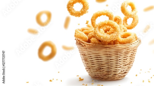 A Basket of Golden Onion Rings Tossed into the Air